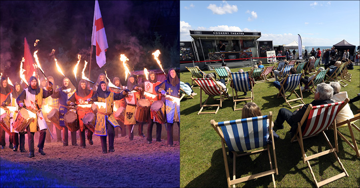 performaners with flame lit torches at Kynren and crowd sat in deck chairs at Seaham Food Festival